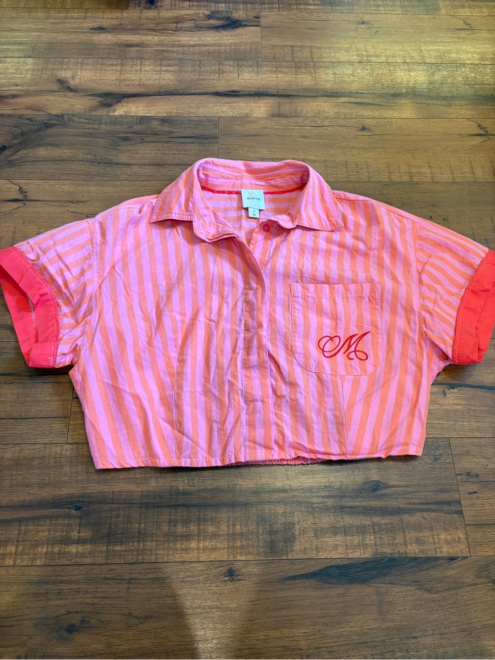 Anthropologie Maeve Monogram Crop Top Button Up Striped Pink Orange Small